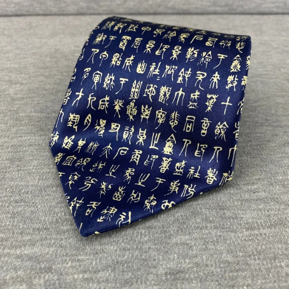 Parksden‎ Hand Made Silk Necktie Blue Chinese Calligraphy Characters Pattern